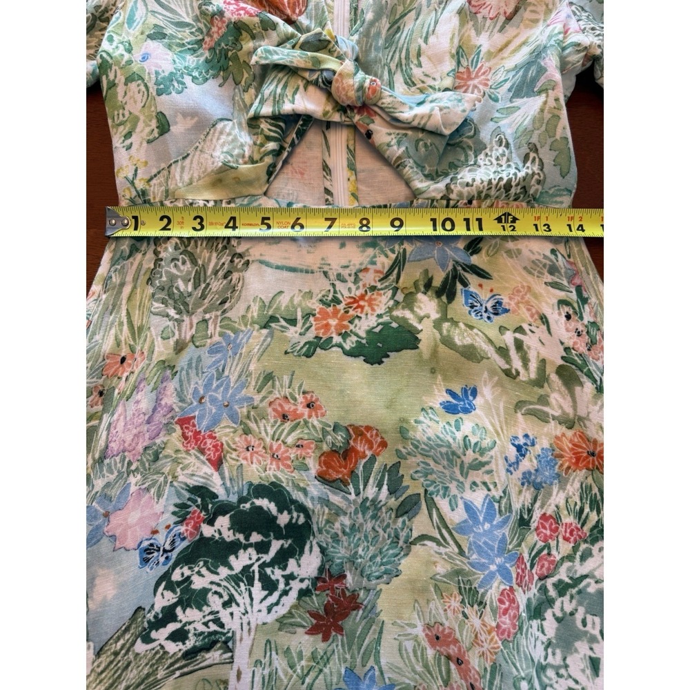 Hunter Bell Pierce Midi Dress Size 4 Green Garden Floral Linen Blend Cutout Bow - Picture 7 of 16